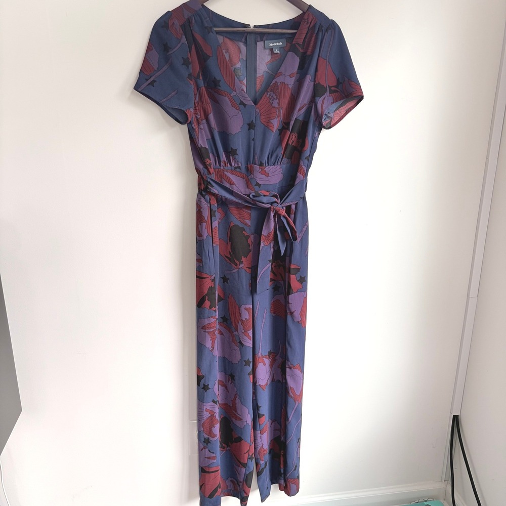 ModCloth Aiming Higher Jumpsuit Small Retro Floral Blue Wide‎ Leg Short Sleeve - Picture 2 of 7